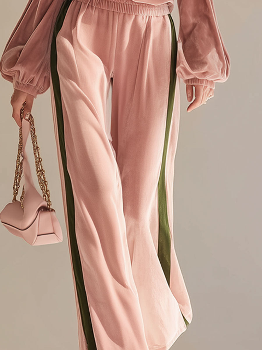 Fashionable Sporty Pink Velvet Off-the-shoulder Top And Wide-leg Pants Set