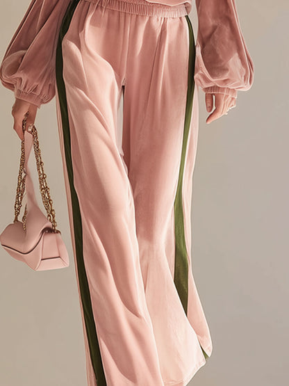 Fashionable Sporty Pink Velvet Off-the-shoulder Top And Wide-leg Pants Set