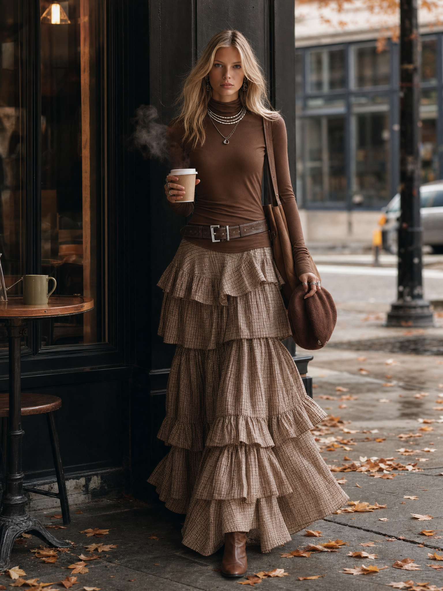 Elegant Retro Brown High-neck Top And Plaid Tiered Maxi Skirt Set