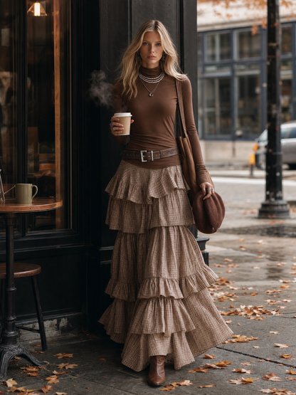 Elegant Retro Brown High-neck Top And Plaid Tiered Maxi Skirt Set