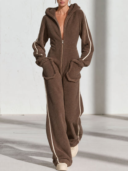 Casual Warm Fleece Color Block Long-Sleeved Hooded Jumpsuit