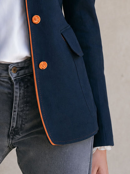 Retro-style Color-blocked Trimmed Blue Single-breasted Cotton-linen Blazer
