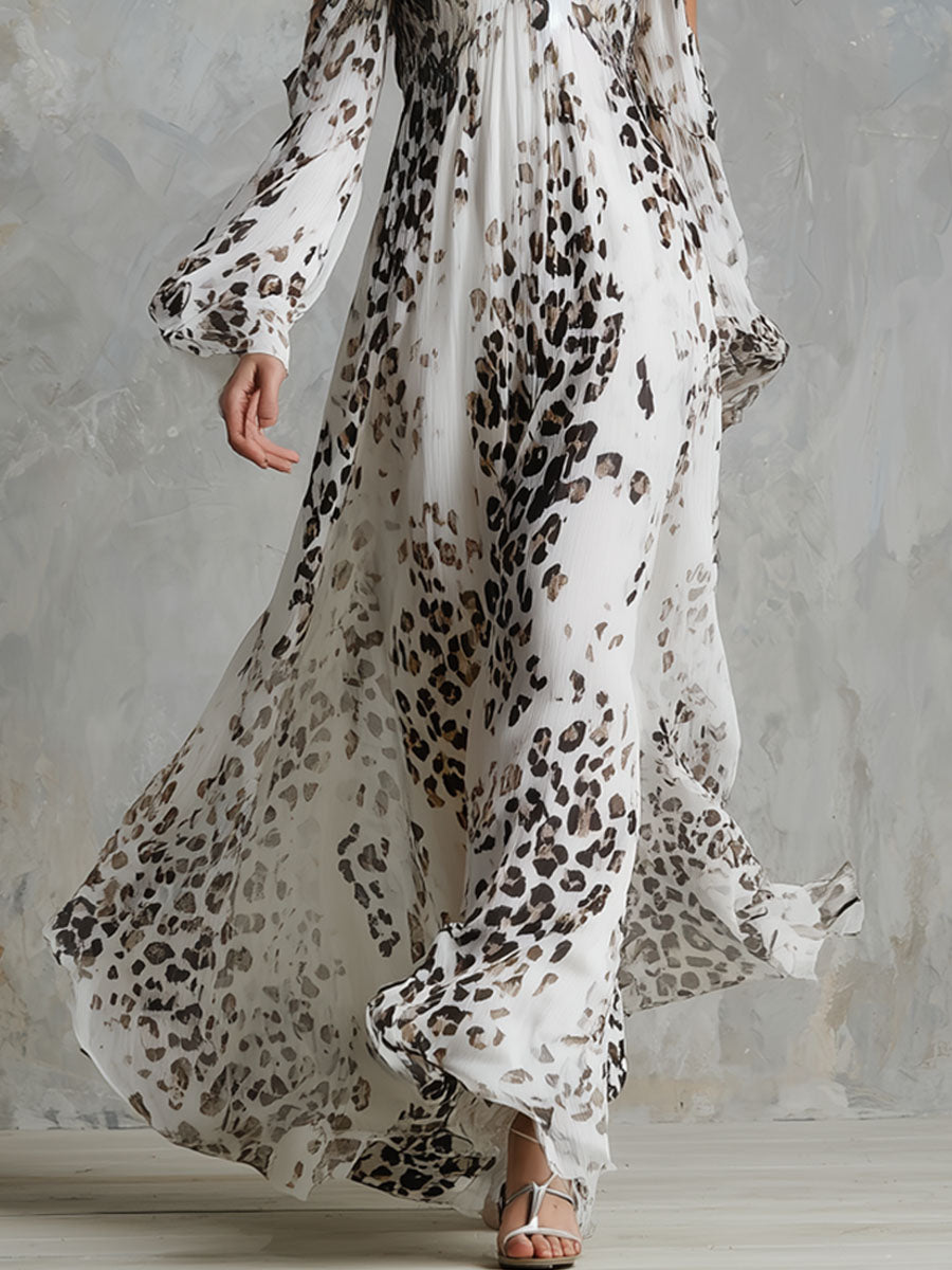 V-neck Off-the-shoulder Leopard Print Chiffon Long-sleeved Maxi Dress