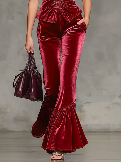 V-neck Ruched Sleeveless Top And Velvet Trousers Set