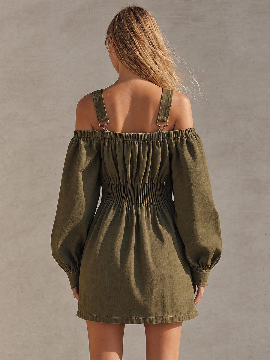 Retro Workwear Off-shoulder Zip Ruched Belted A-line Denim Dress