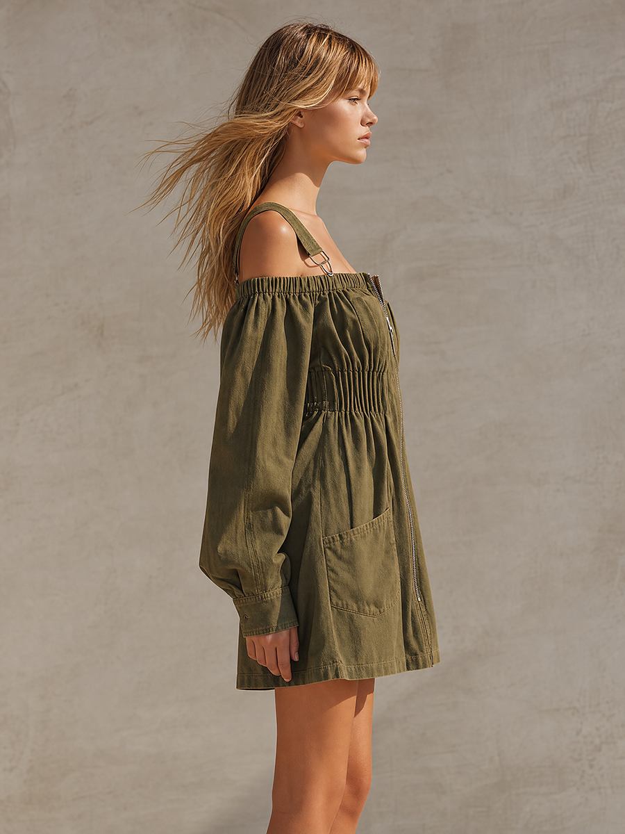 Retro Workwear Off-shoulder Zip Ruched Belted A-line Denim Dress