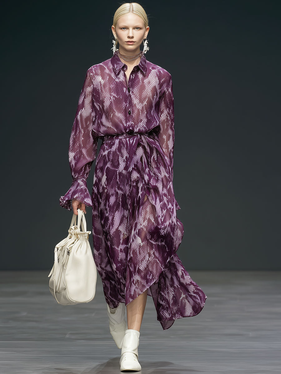 Fashionable Retro Purple Snakeskin Chiffon Long-sleeved Irregular Midi Dress