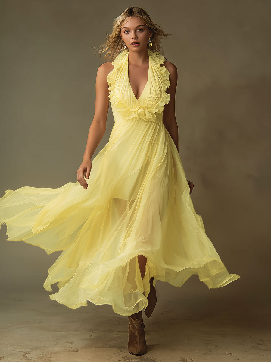 Elegant Resort-style Yellow Ruffled Halter Neck V-neck Chiffon Maxi Dress