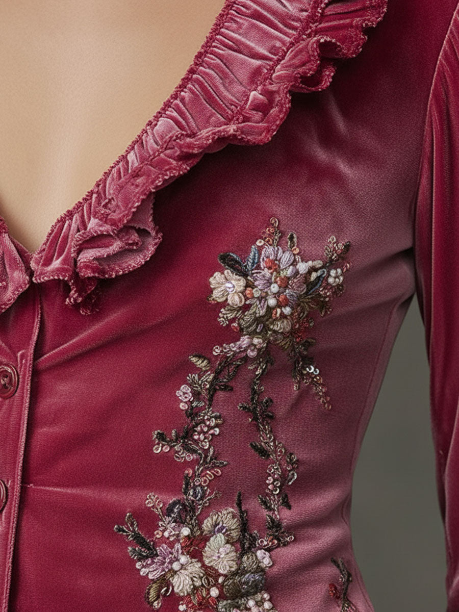 Fashionable Retro Floral Embroidered Rose Red Velvet Ruffled Long-sleeved Shirt