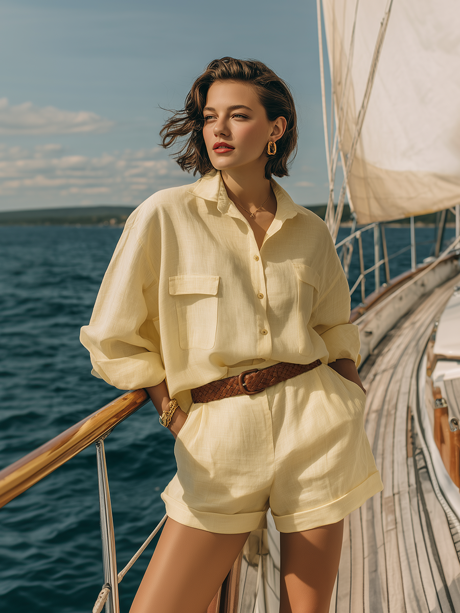 Simple And Stylish Resort-style Yellow Cotton And Linen Shirt And Shorts Set