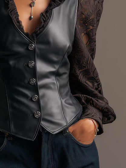 Fashionable Retro Black Lace Long-sleeved PU Vest Shirt