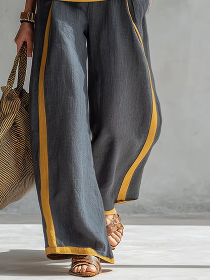 Elegant And Casual Two-tone Trim Gray Cotton And Linen Vest And Pants Set