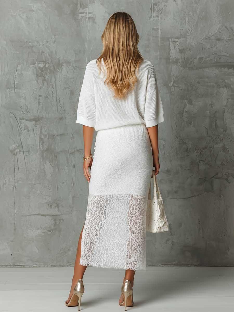 Elegant Retro V-neck Knit T-shirt And Side-slit Lace Skirt Set