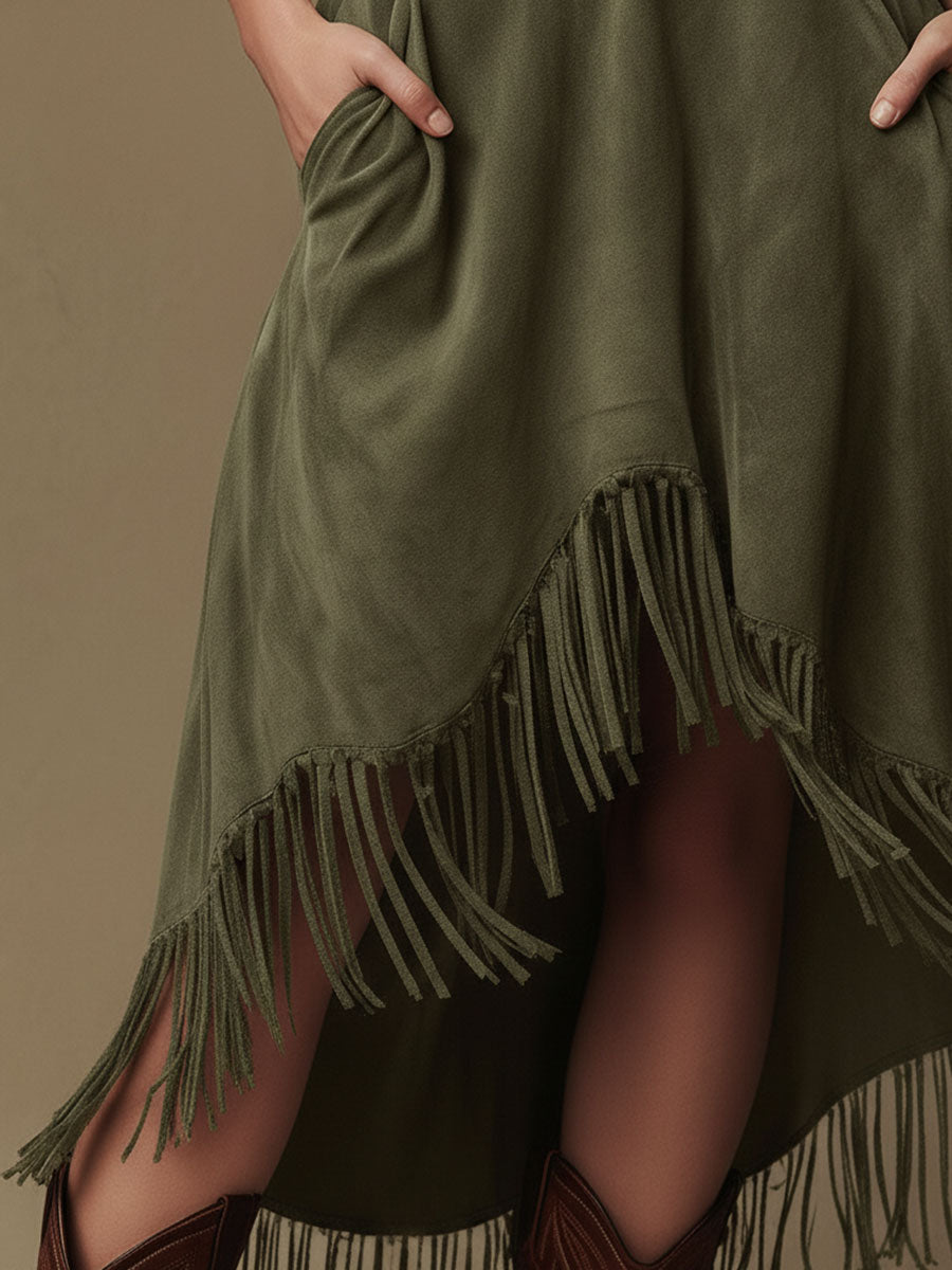 Western-style Retro Tassel Olive Green Sleeveless Faux Suede Midi Dress