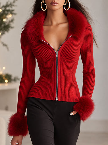Lapel Zipper Faux Fur Collar Knitted Cardigan