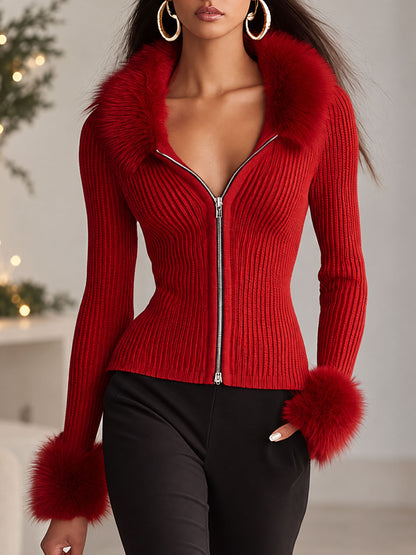 Lapel Zipper Faux Fur Collar Knitted Cardigan