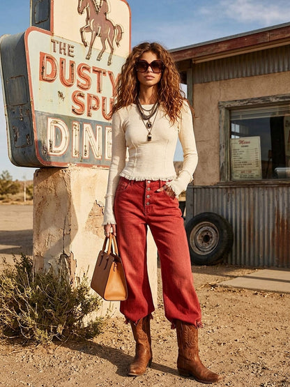 Western Retro Frayed Red Jeans