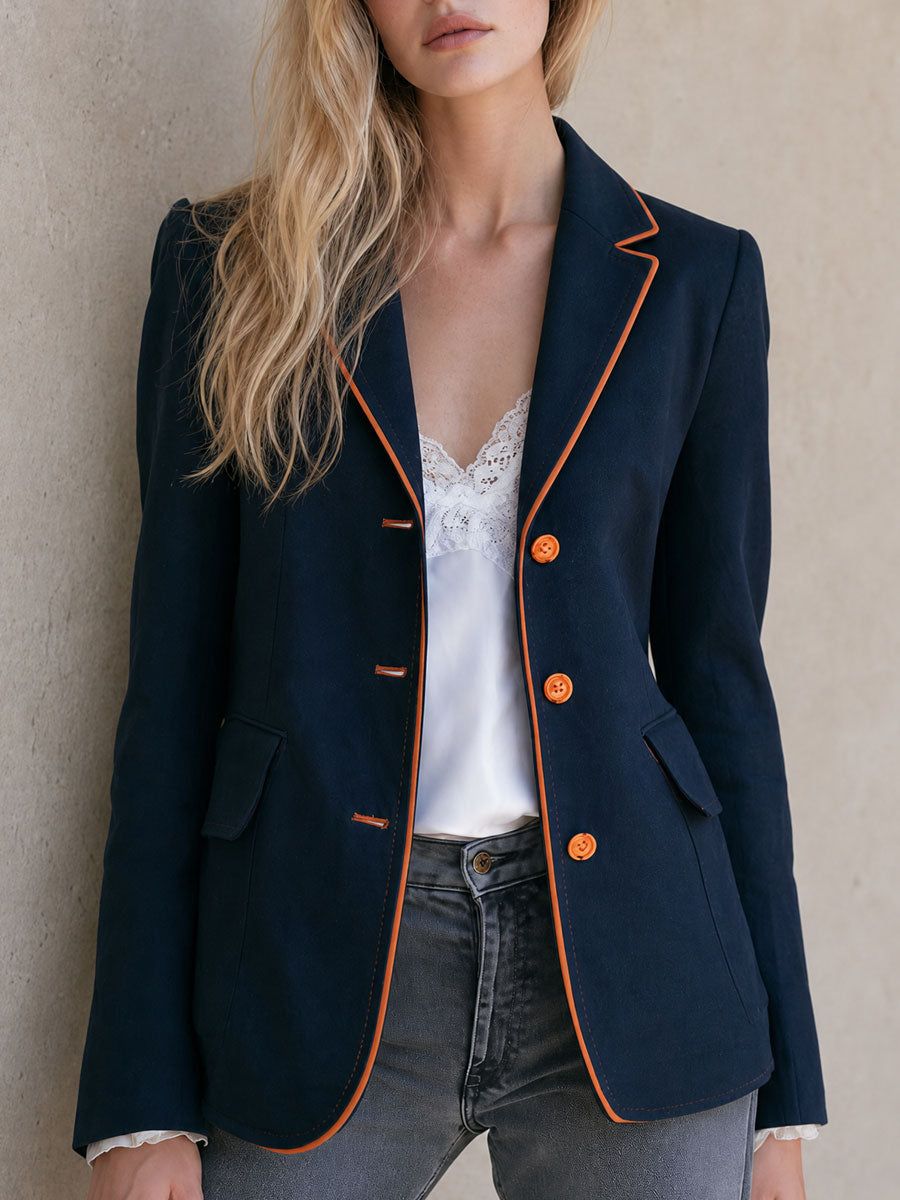 Retro-style Color-blocked Trimmed Blue Single-breasted Cotton-linen Blazer