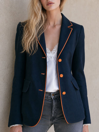 Retro-style Color-blocked Trimmed Blue Single-breasted Cotton-linen Blazer