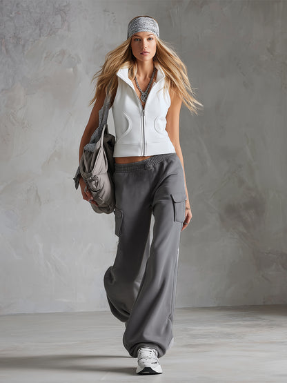 Stylish Sporty Color-blocked Zip-up Vest And Sweatpants Set