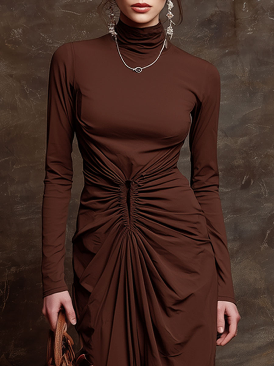 Fashionable Retro Chocolate Cotton Long-sleeved High-neck Pleated Maxi Dress