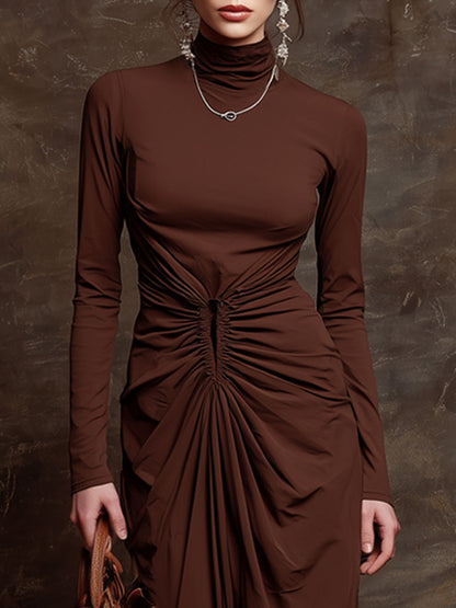 Fashionable Retro Chocolate Cotton Long-sleeved High-neck Pleated Maxi Dress