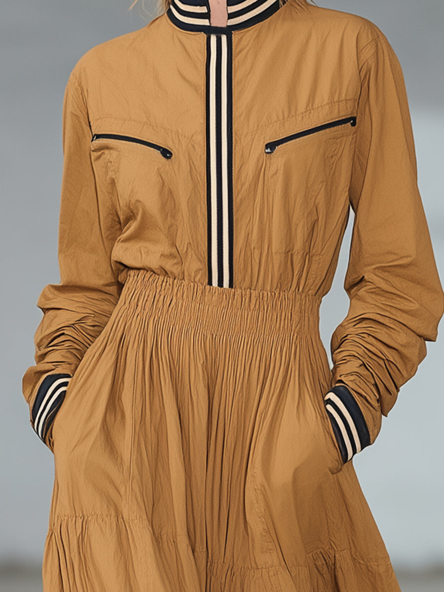 Casual Khaki Striped Elastic Waist Maxi Dress