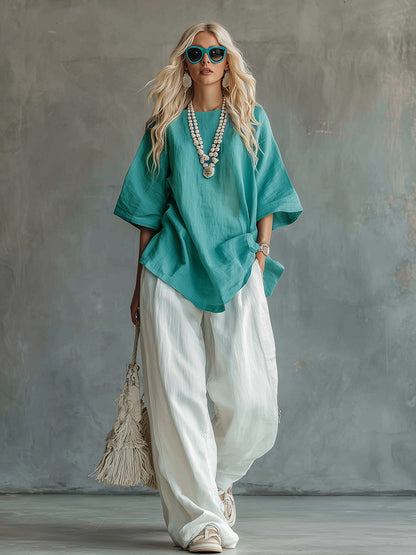 Urban Casual Light Blue-green T-shirt And White Wide-leg Pants Cotton And Linen Set