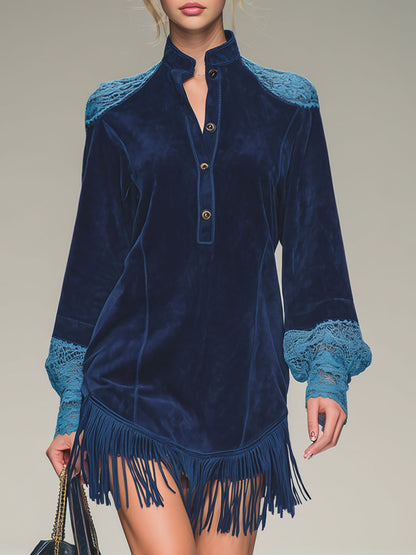 Stand-up Collar Button Lace Tassel Faux Suede Long-sleeved Mini Dress