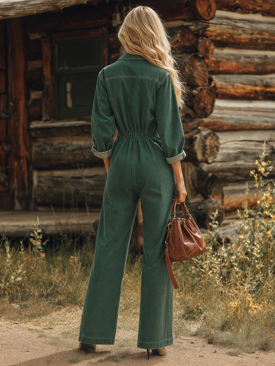 Retro American-style Lapel Zip Lace-up Belted Big-pocket Wide-leg Jumpsuit