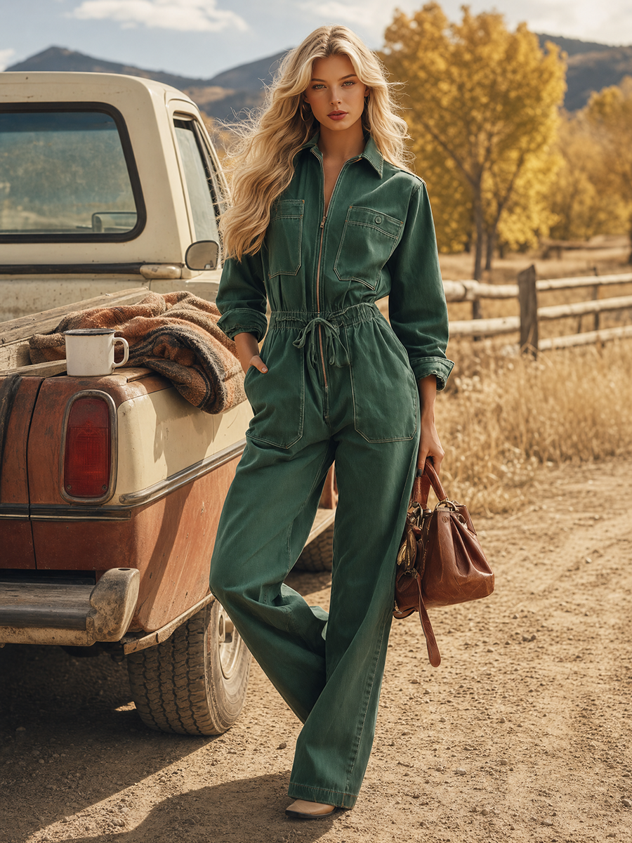 Retro American-style Lapel Zip Lace-up Belted Big-pocket Wide-leg Jumpsuit