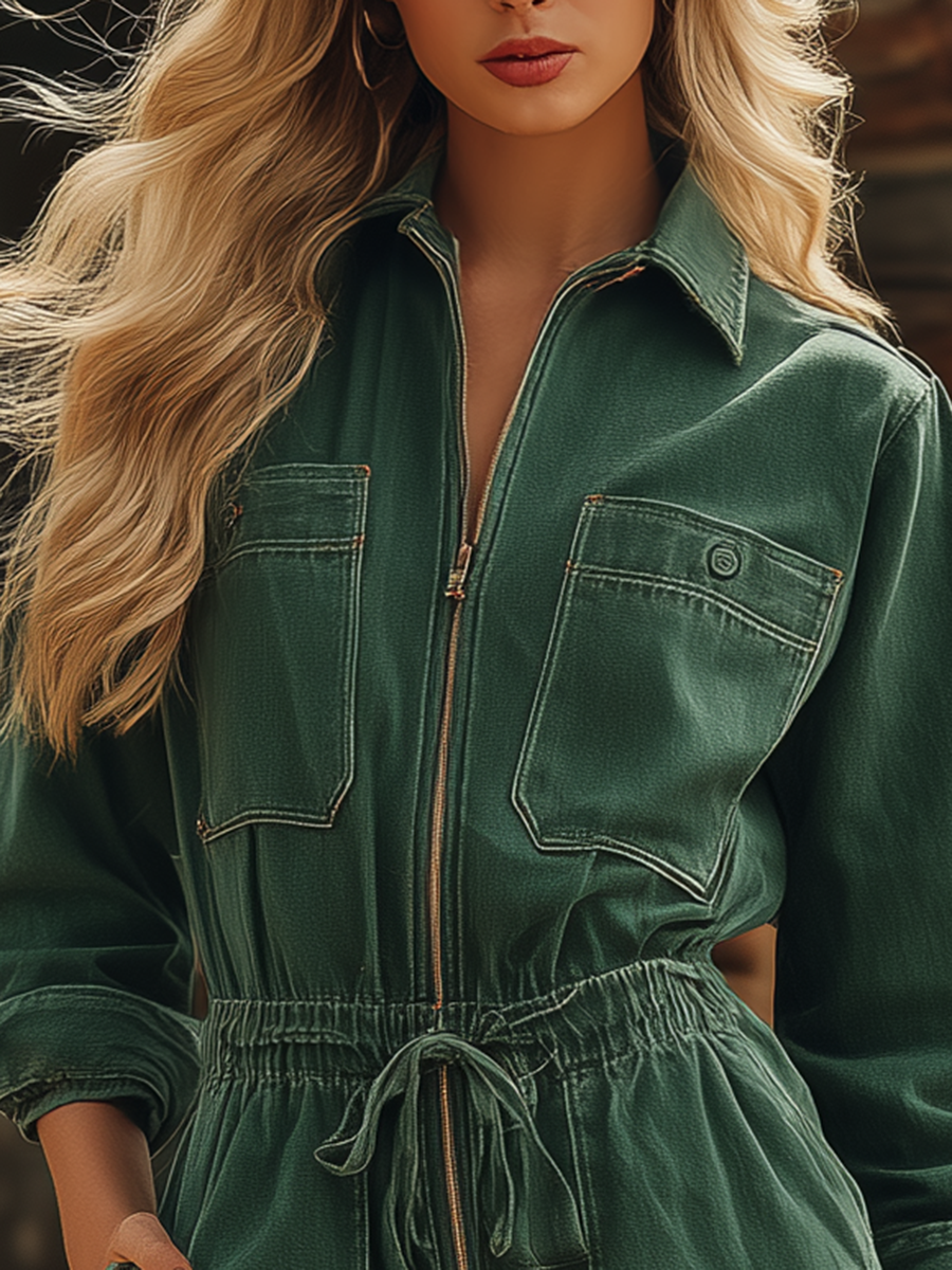 Retro American-style Lapel Zip Lace-up Belted Big-pocket Wide-leg Jumpsuit