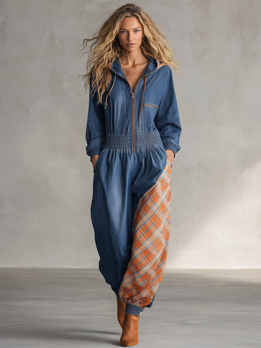 American Utility Hooded Contrast-panel Denim Jumpsuit