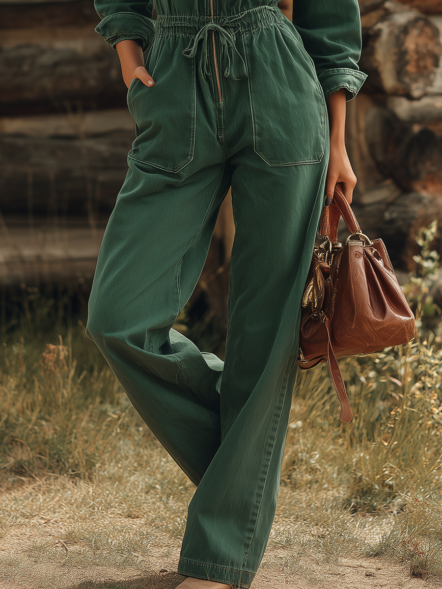 Retro American-style Lapel Zip Lace-up Belted Big-pocket Wide-leg Jumpsuit
