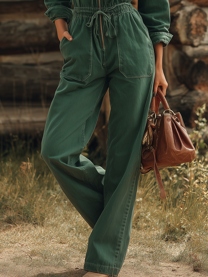 Retro American-style Lapel Zip Lace-up Belted Big-pocket Wide-leg Jumpsuit