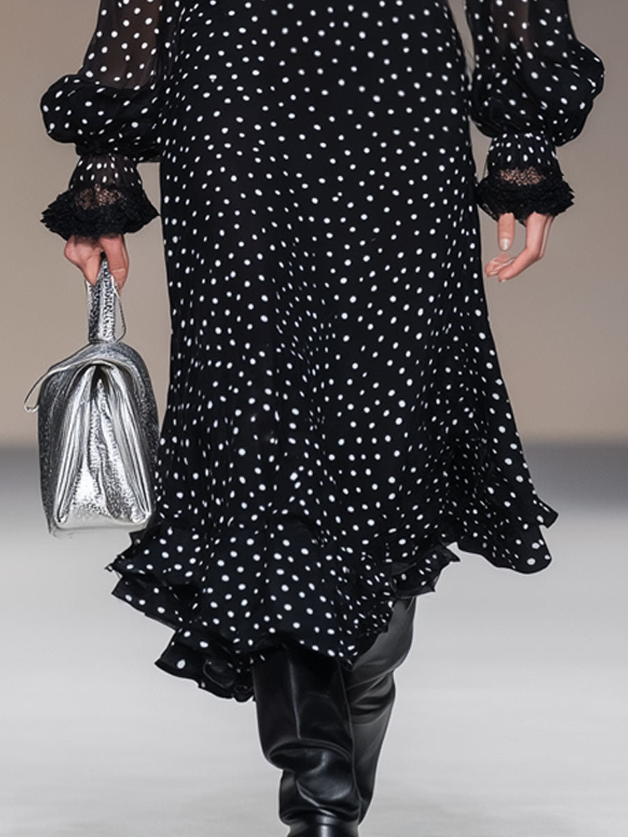 Retro Vacation Polka Dot Black Chiffon Long-sleeved Shirt And Skirt Set