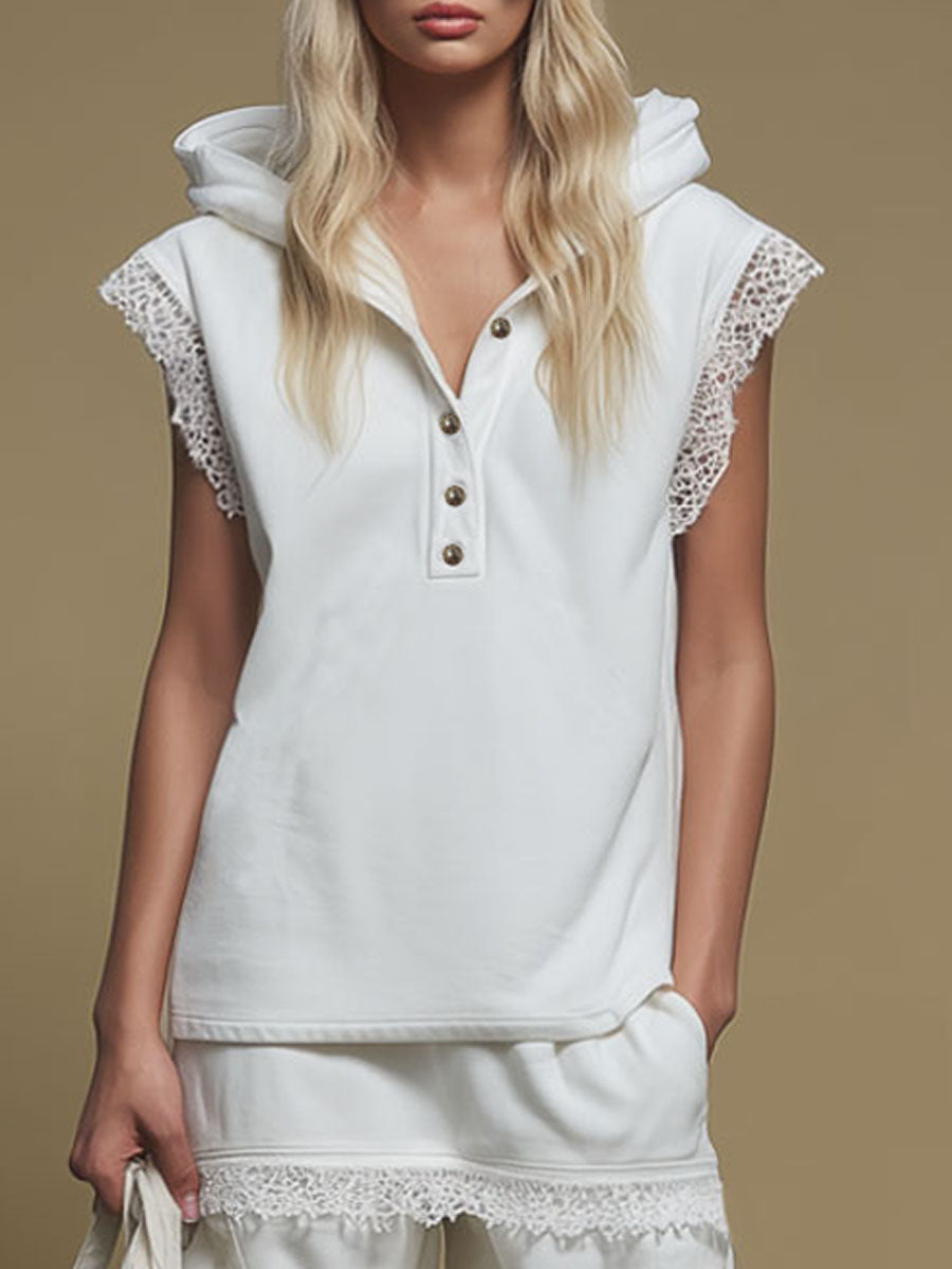 Hooded Lace-trimmed Button-up Sleeveless Top And Pants Set