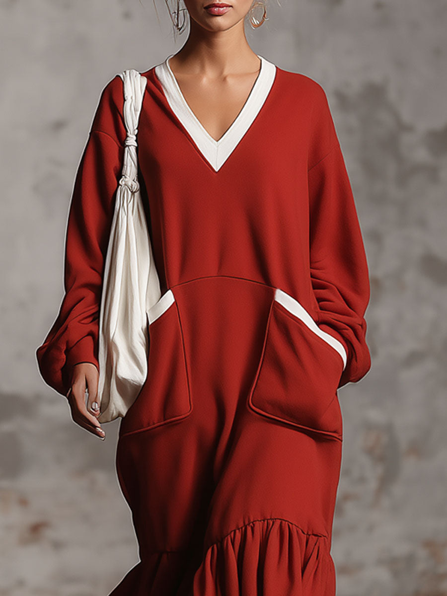 Loose-fitting, Sporty V-neck Color-block Long-sleeved Midi Dress