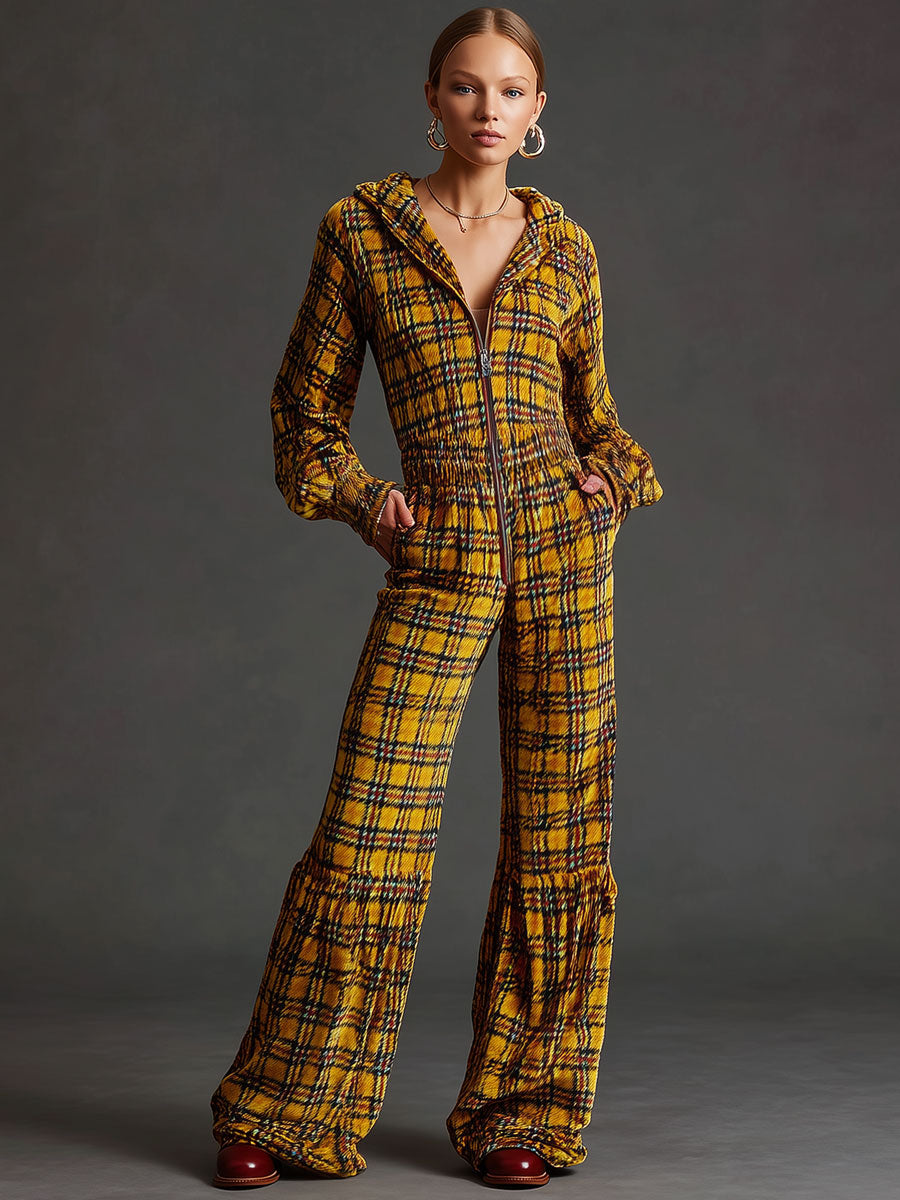 Casual Retro Plaid Yellow Velvet Long-sleeved Hooded Wide-leg Jumpsuit