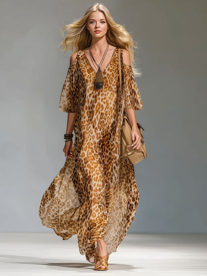 Leopard Print V-neck Cold Shoulder Chiffon Short-sleeved Maxi Dress