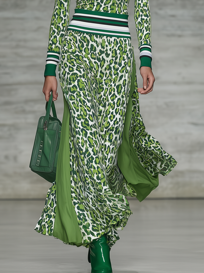 Sporty Retro Zip-up Collar Patchwork Leopard Print Midi Dress