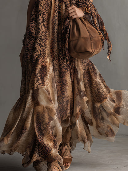 Elegant Urban Brown Leopard Print Chiffon Halter Neck Maxi Dress