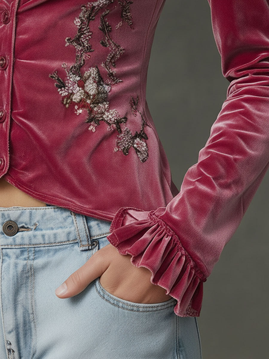 Fashionable Retro Floral Embroidered Rose Red Velvet Ruffled Long-sleeved Shirt