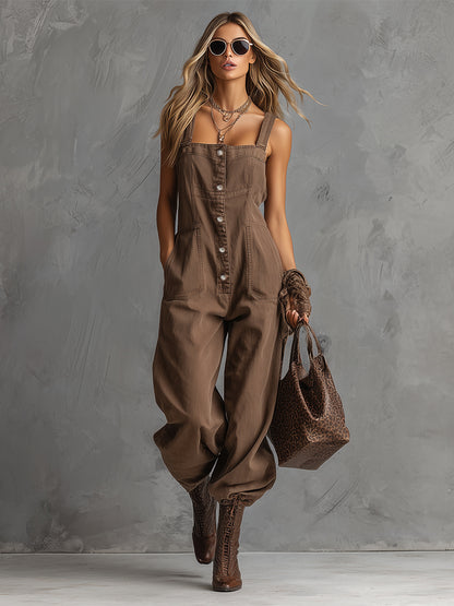 Stylish Silhouette Square Neck Front Button Closure Brown Denim Overalls Jumpsuit