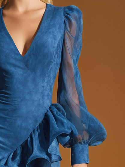 Stylish Vintage-inspired Mesh And Blue Faux Suede Midi Dress