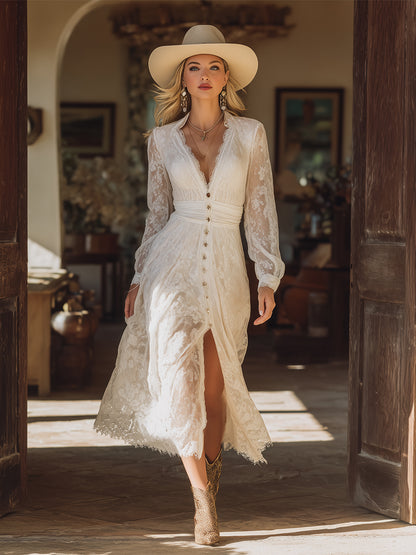 Elegant Vacation V-neck White Lace Maxi Dress