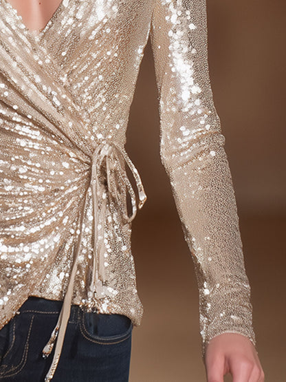 Elegant And Dazzling Champagne-colored Sequined V-neck Shirt