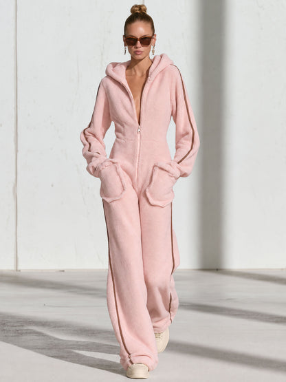 Casual Warm Fleece Color Block Long-Sleeved Hooded Jumpsuit