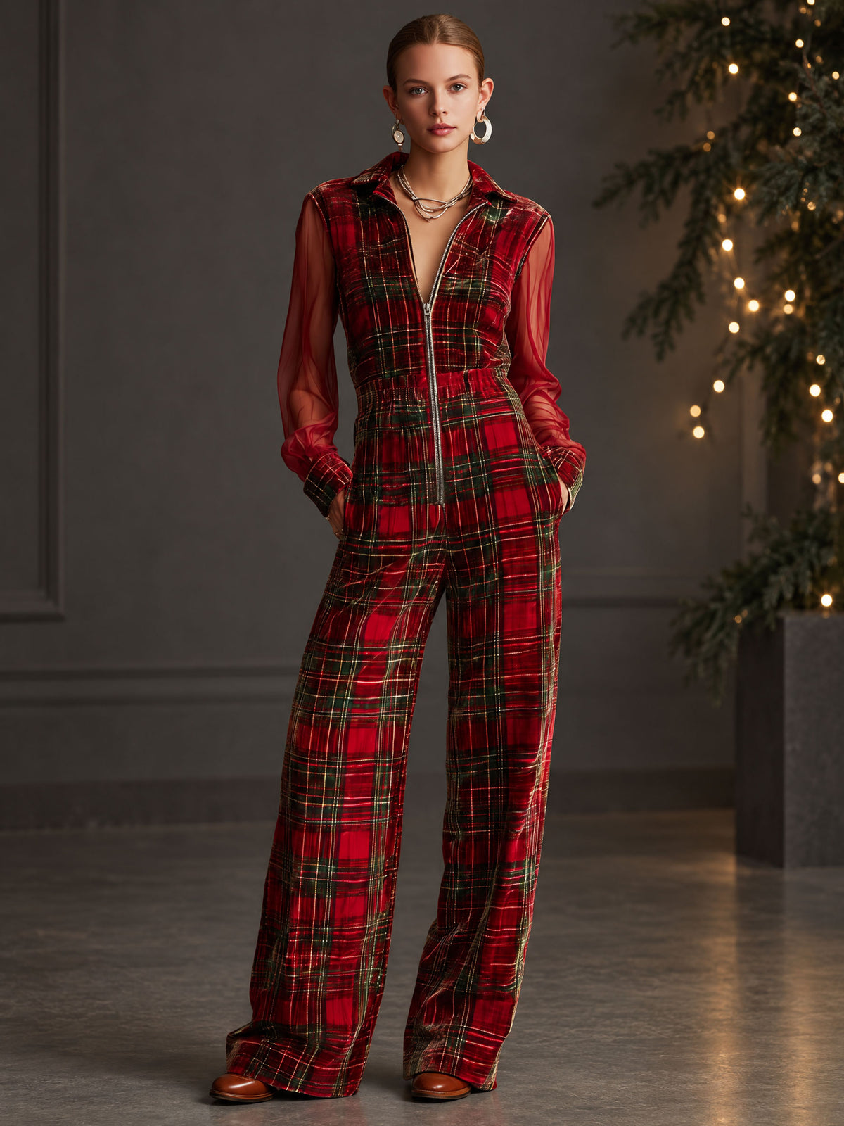 Retro Long-sleeved Mesh Red And Green Plaid Velvet Wide-leg Jumpsuit