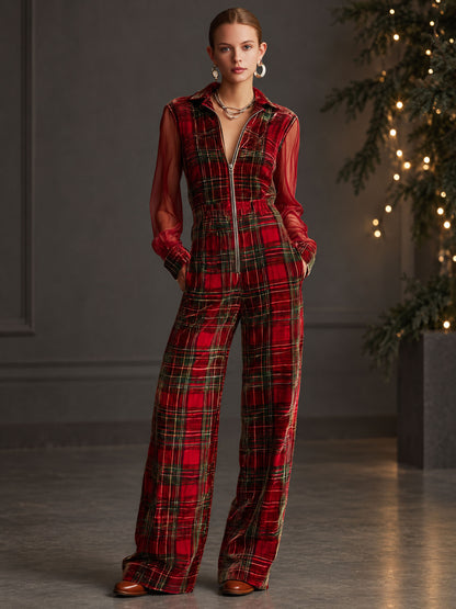 Retro Long-sleeved Mesh Red And Green Plaid Velvet Wide-leg Jumpsuit